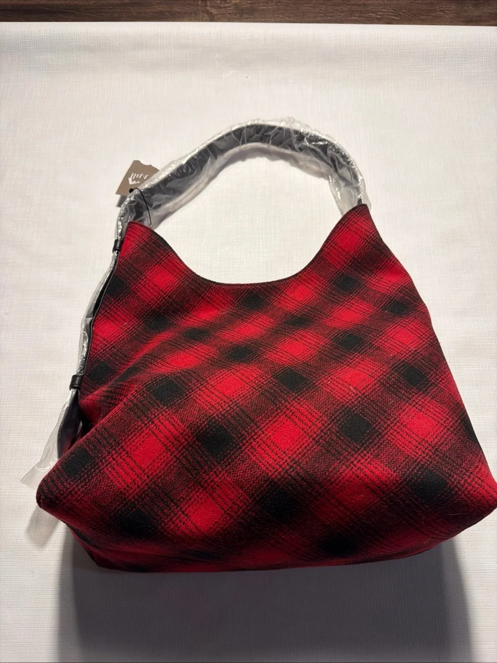 J.JILL Large Red Black Leather Buffalo Plaid Wool Blend Hobo Shoulder Bag New